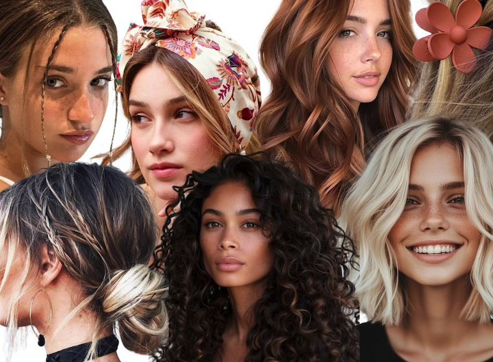 A collage of six women with various hairstyles, showcasing Summer 2025 hair trends at Avalon Salons in Dallas, including curly, wavy, straight, updos, and blonde, brunette, and highlighted hair—all looking in different directions.